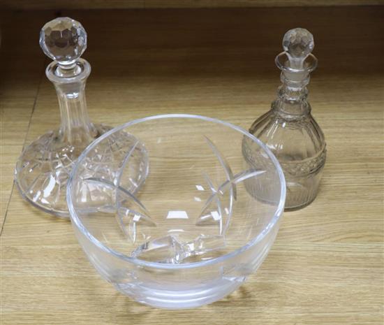A Victorian cut glass decanter, height 22cm, with later stopper, a John Rocha, Waterford fruit bowl and a ships decanter with stopper